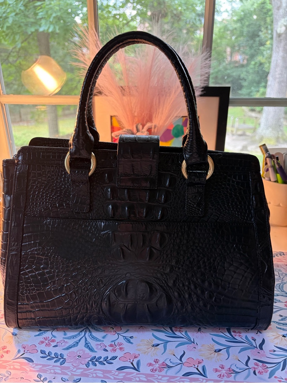 Brahmin Black Croc-Embossed Satchel with Gold Hardware - Picture 7 of 7
